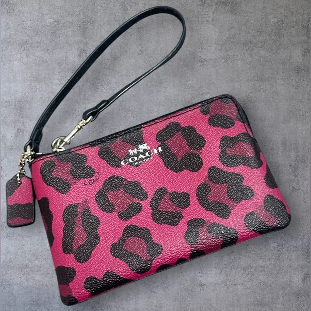 Coach Pink and Black Leopard Print Wristlet - Picture 1 of 4